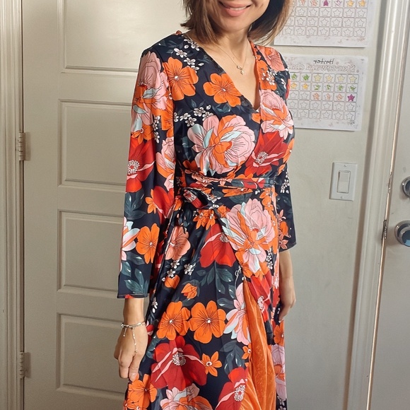 Boho Floral Print Asymmetrical Ruffle Hem Belted Maxi Dress - Picture 4 of 12